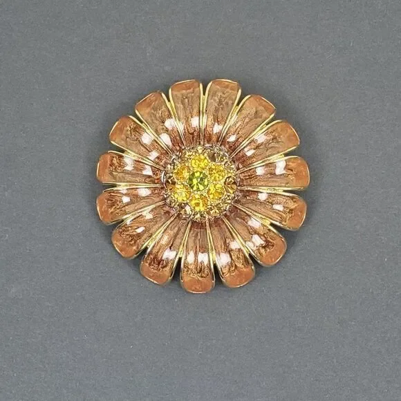 Vintage Brooch Pin Brown Enamel Topaz Yellow Green Rhinestone Floral‎ Large Big - Picture 7 of 8
